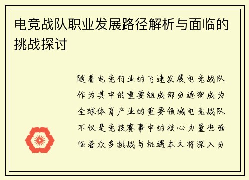 电竞战队职业发展路径解析与面临的挑战探讨